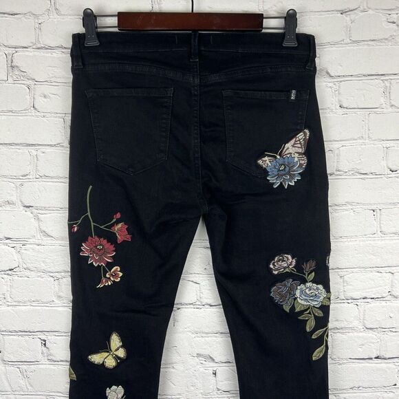 Buffalo David Bitton Faith Mid Rise Skinny Black Denim‎ Jeans Embroidered Floral - Picture 5 of 12